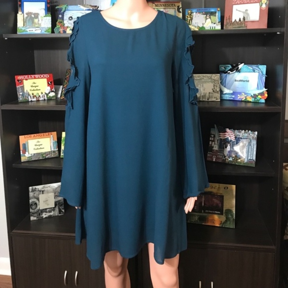 Teal Dress With Ruffles and Mesh Design Detail - Picture 5 of 8